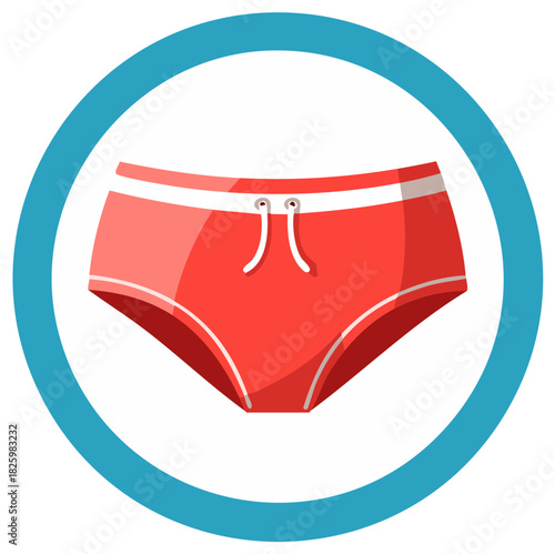 Vibrant red men's swimming briefs with white drawstring and stripes inside a blue circle icon