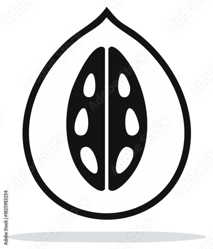 Stylized black and white illustration of a halved avocado with seeds