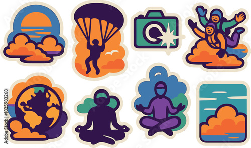 Colorful adventure and meditation sticker set with sunset and globe designs