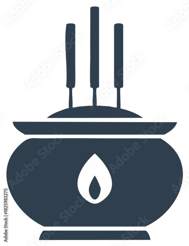 Traditional incense burner with burning sticks and flame symbol vector icon