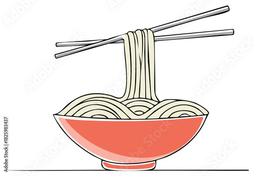 Simple illustration of ramen noodles with chopsticks lifting them from a red bowl classic Asian cuisine