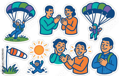 Parachuting adventure with happy characters in colorful comic style stickers