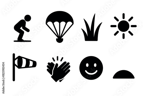 Minimalist black icons: sports, nature, and weather symbols collection