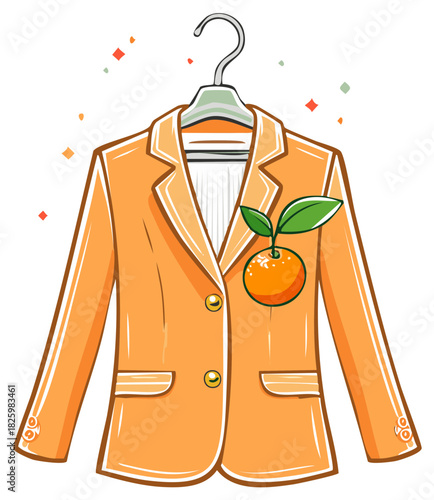 Orange blazer jacket hanging on a hanger with a fresh orange fruit boutonniere cartoon illustration