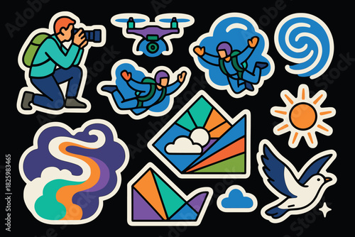 Adventure stickers: photographer, skydivers, drone, nature elements in bold colors