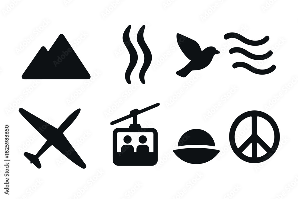 Fototapeta premium Minimalist black icons: nature, travel, peace, and adventure symbols