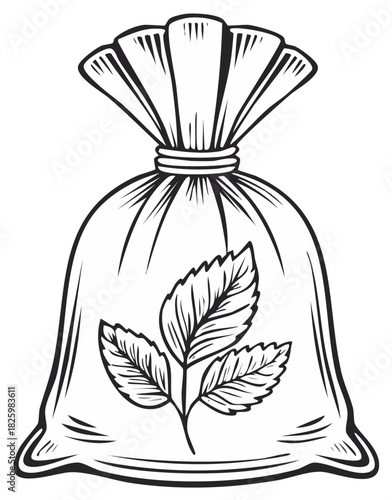 Monochrome hand drawn illustration of a tied herbal sachet bag with fresh leaves