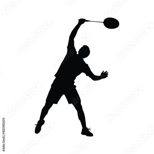 Badminton player silhouette hitting shuttlecock overhead stroke