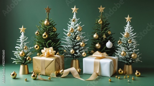 Luxury Gold Christmas Gifts and Decorated Holiday Trees.