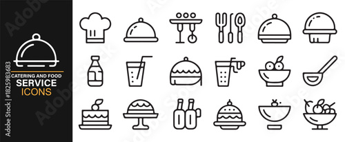 Line-style catering and food service icons with platters, utensils, and drinks