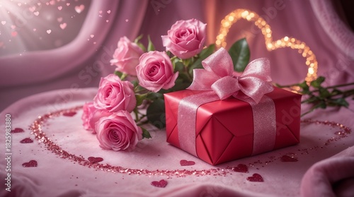 Luxury Romantic Gift Box and Pink Roses for Valentine's Day.