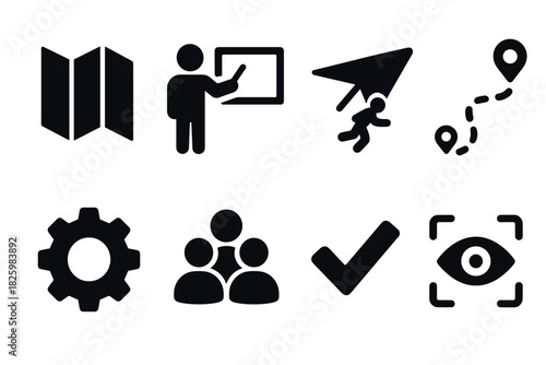 Minimalistic icon set: maps, presentation, teamwork, gear, navigation, task completion, visibility