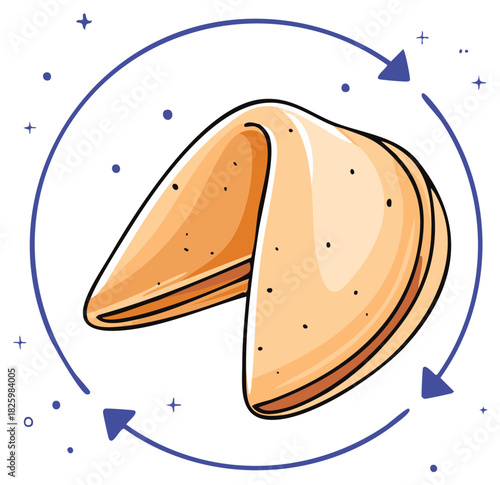 Illustrated Fortune Cookie with Round Arrows and Decorative Dots, Chinese Food Symbol, Biscuits for Prophecy