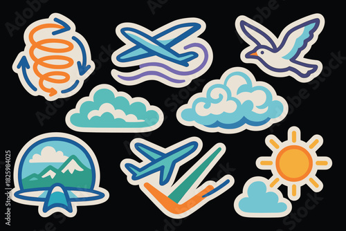 Trendy aviation themed sticker set with airplanes, clouds, and sun