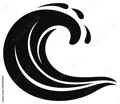 Abstract black silhouette of a breaking ocean wave with water spray drops illustration