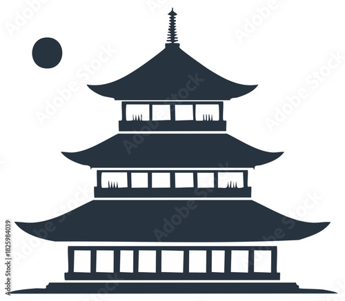 Stylized traditional tiered pagoda building silhouette with celestial icon, minimal vector design