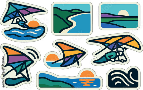 Colorful hang gliding and scenic beach views in modern stickers