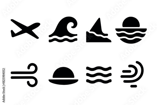Icons of travel and nature: air, water, sailing, sunset, wind, waves, globe