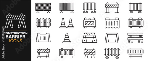 Construction site icon set with barricades, cones, and protective structures