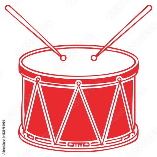 Red drum with drumsticks icon for percussion and rhythm