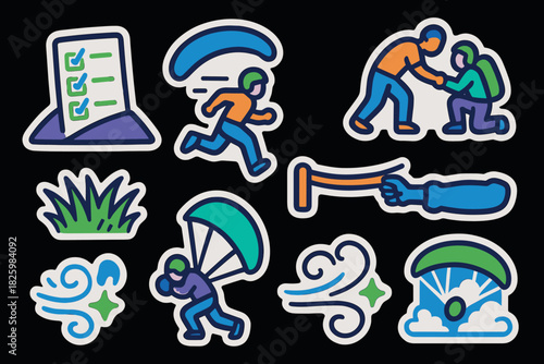 Vibrant adventure icons featuring paragliding and team spirit in bold outline style