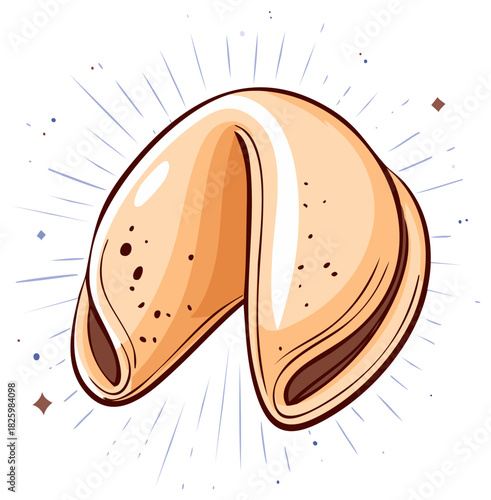 Fortune Cookie Cartoon with Light Rays Symbolizing Good Luck and Future Predictions