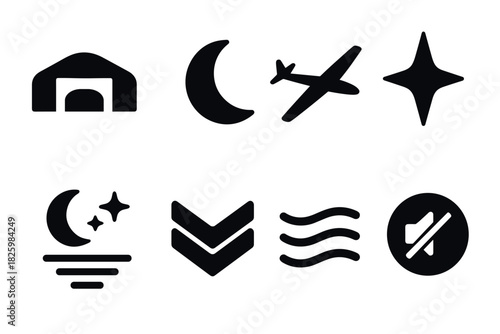 Minimalist icons: travel and navigation silhouettes with moon and star elements