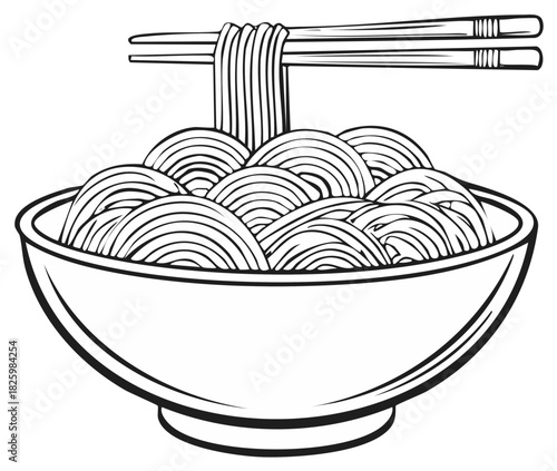 Black and white line art of chopsticks picking up ramen noodles from a bowl