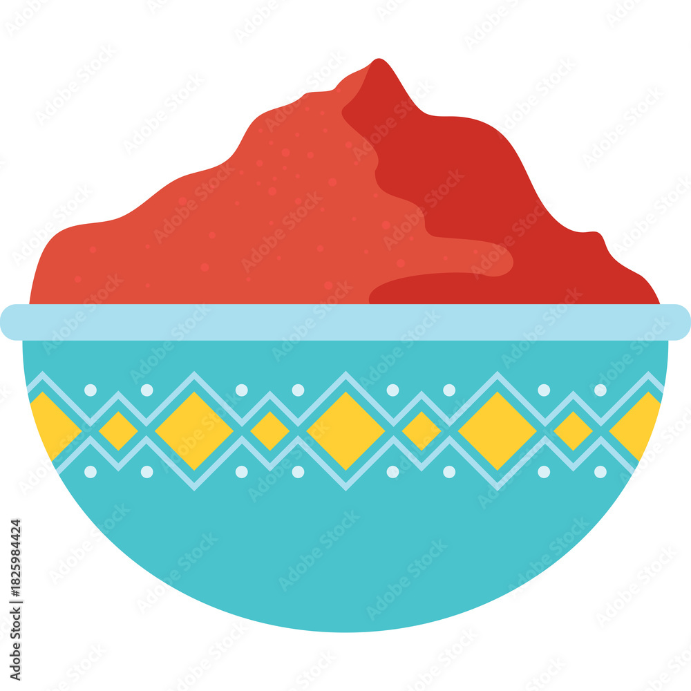 Naklejka premium Vibrant Red Salsa Served in a Teal Decorative Bowl with Geometric Patterns and a Transparent Background Ideal for Food and Culinary Themes