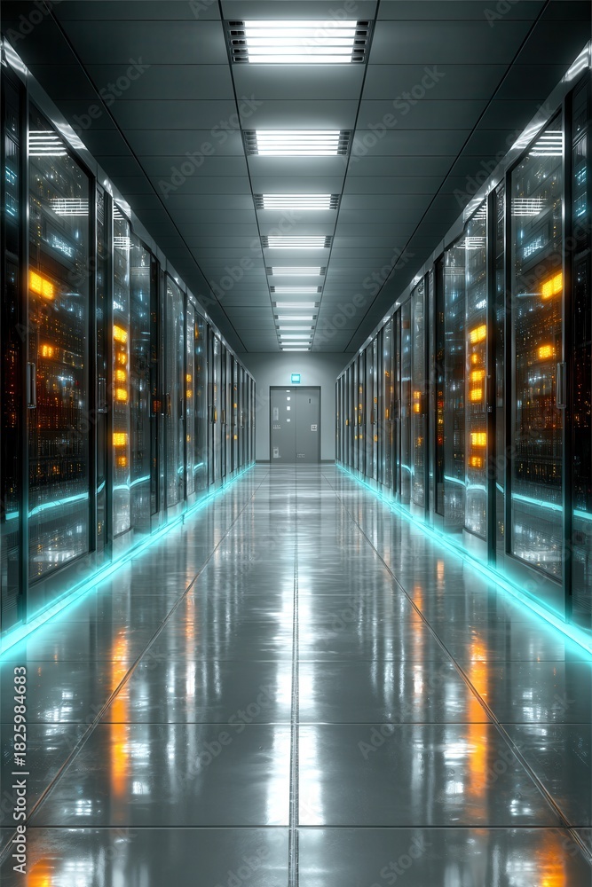Obraz premium Futuristic data center corridor with rows of advanced server racks and cyan glow under bright ceiling lights