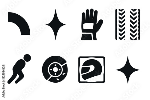 Bold racing icons in black and white silhouette style