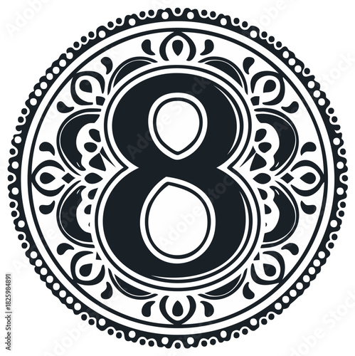 Black and white stylized number eight within an elegant circular frame intricate decorative patterns