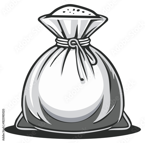 Grayscale Illustration of a Full Tied Sack Overflowing with Abundant Granular Contents