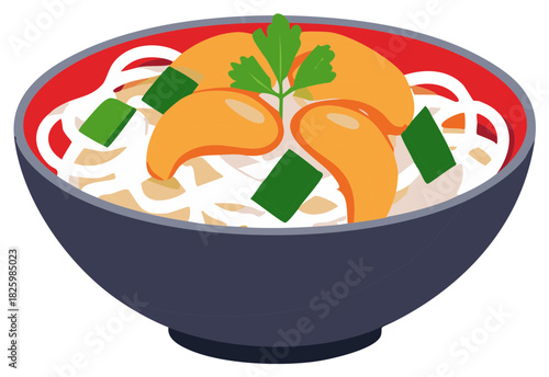 Illustration of Noodle Bowl with Broth, Orange Slices, and Green Garnish in a Dark Bowl