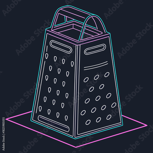 Detailed Neon Grater Illustration with Cyan and Magenta Outlines