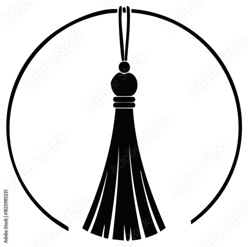 Elegant decorative black tassel emblem suspended within an incomplete circle abstract graphic