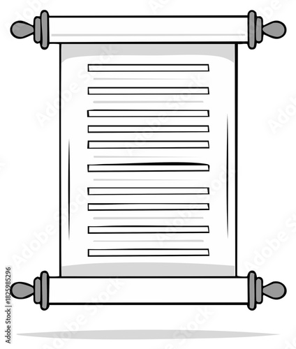 Stylized illustration of a rolled scroll with lines of text and ornamental ends