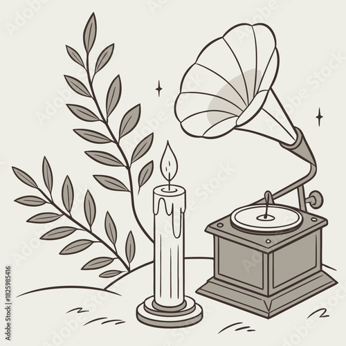 Vintage Gramophone Burning Candle and Botanical Branch Composition