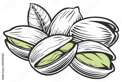 Vector illustration of pistachios with leaves, nut still life, healthy food icon, organic product element