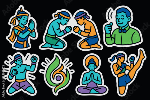 Colorful sticker set of thai boxing and meditation icons