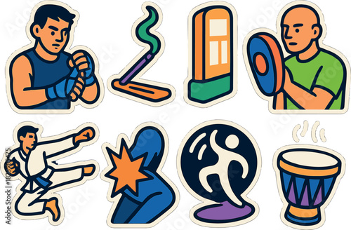 Vibrant martial arts and meditation stickers with bold colors and dynamic shapes