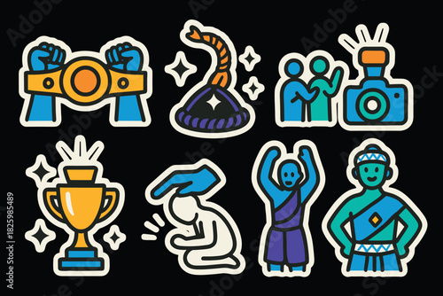 Vibrant sticker set of symbolic achievements and celebrations in modern style