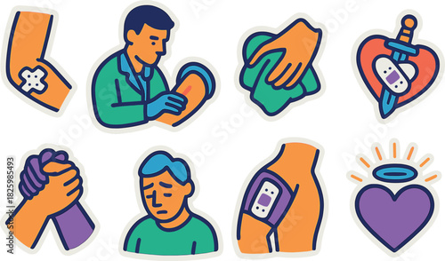 Healthcare and support themed sticker set with medical cartoon icons