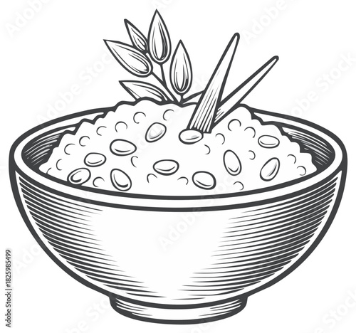 Bowl of porridge with oats and green onions illustration in vintage style