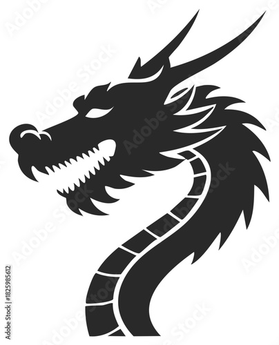 Silhouette of a fierce dragon head and neck with sharp teeth and horns in profile