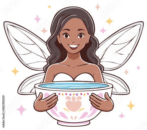Enchanting cartoon fairy with dark skin and wings holding an ornate teacup with sparkling magic