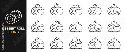 Confectionery icon set illustrating rolled cakes and sweet toppings