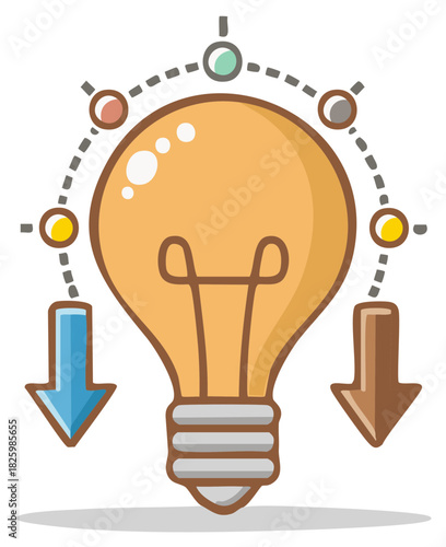 Illustration of a bright idea lightbulb with surrounding colorful orbiting thoughts and downward arrows
