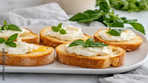 Gourmet toasted bread appetizers with creamy cheese and fresh green herbs
