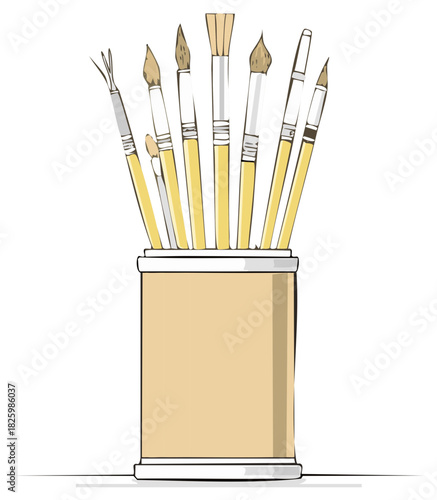 Artistic Expression Tools Art Supplies: Variety of Paintbrushes in Beige Container, Drawing